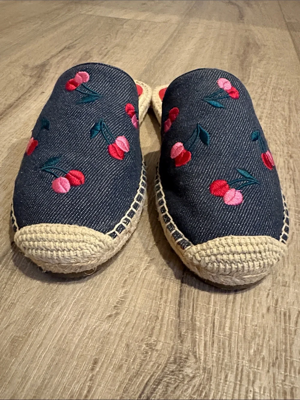 kate spade Navy Embroidered Cherry Espadrille Mules